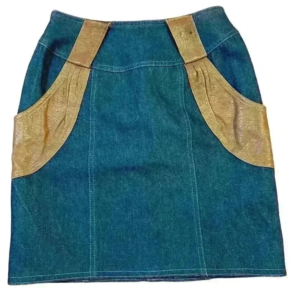 Vintage 80s Dominic Bellisimo Denim Leather Mini Skirt Size 6 Party Jean Western